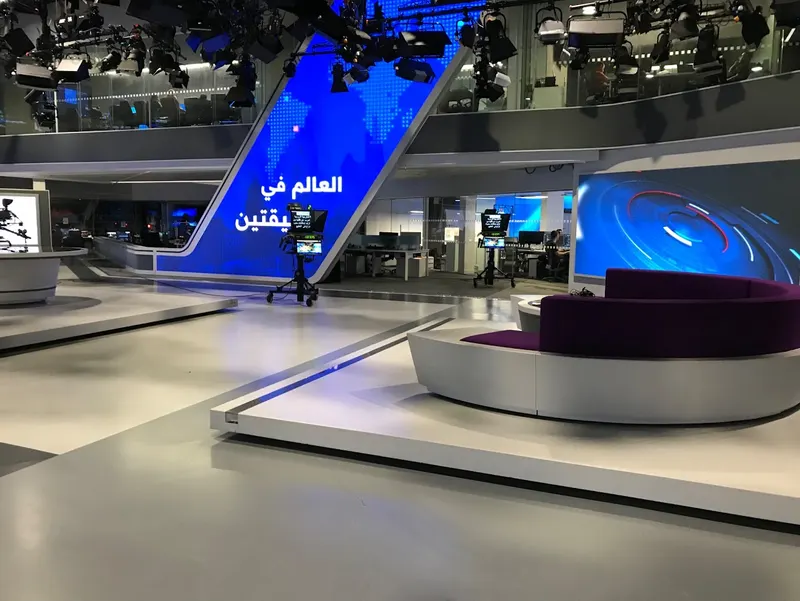 Al Araby TV's Park Royal studio, with an angled LED wall showing a world map and Arabic headline beside a curved purple sofa, and the newsroom and mezzanine galleries behind.