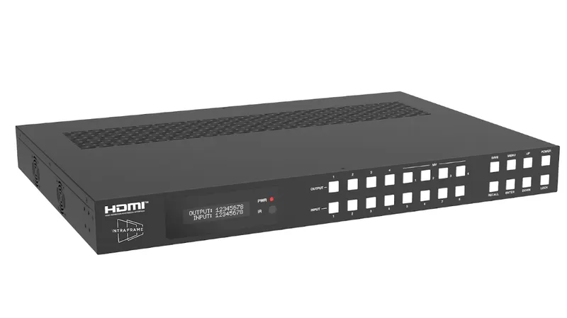 The Intraframe IF-85-Q, a 1U HDMI matrix with input, output and multiviewer selection buttons and a front-panel display.